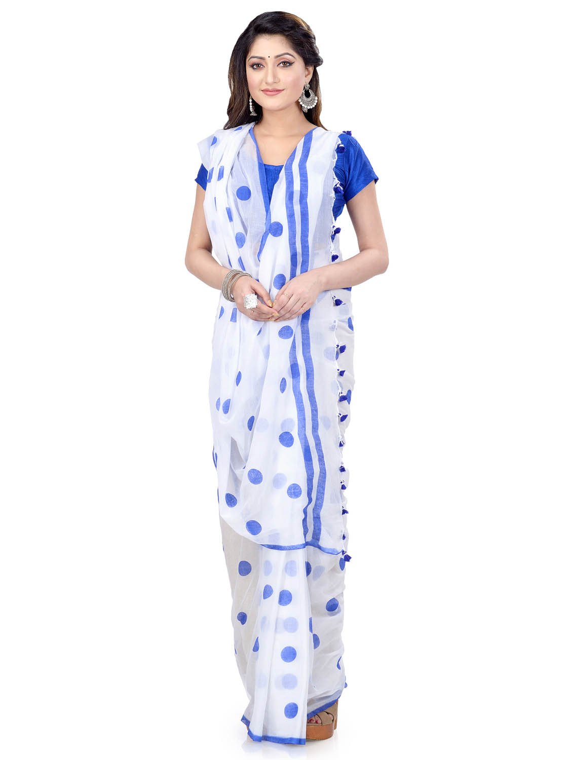 Women`s Traditional Hand Woven Malmal Bengal Handloom Pure Cotton Saree Without Blouse Piece (Blue White)